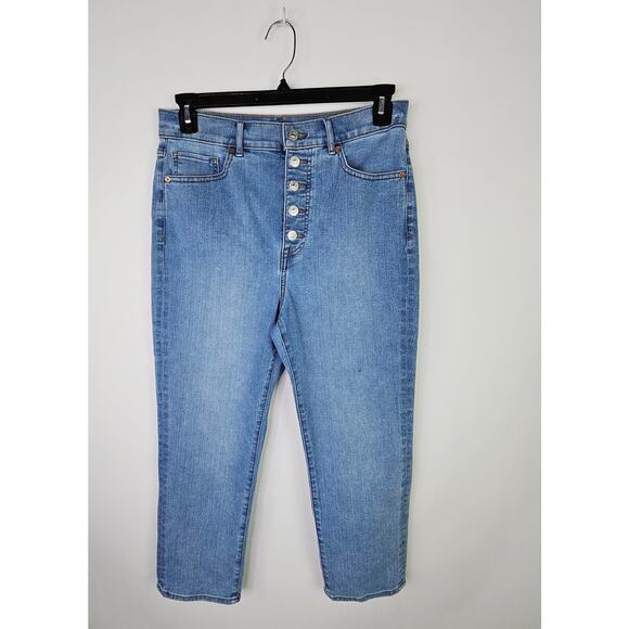 Express Women’s Slim Super High Rise Crop Jeans Size 10S Button Fly Medium Wash - Picture 1 of 9